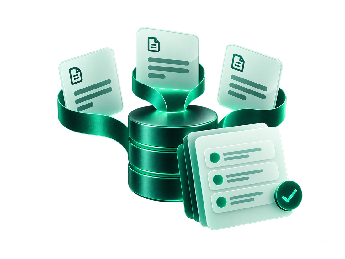 Documentos de fornecedores conectados a uma base central e organizados em uma visão consolidada.