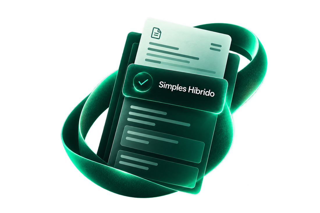 Documento completo de fornecedor identificado como Simples Híbrido, envolvido por uma curva verde.